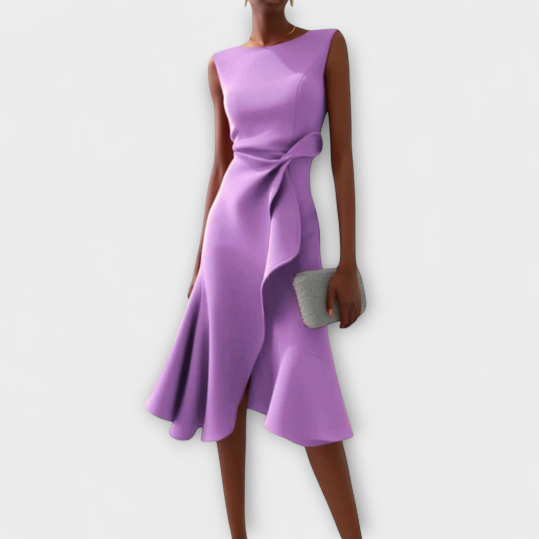 Cassidy | Stretch Sleeveless Draped Knot Ruffle Midi Dress