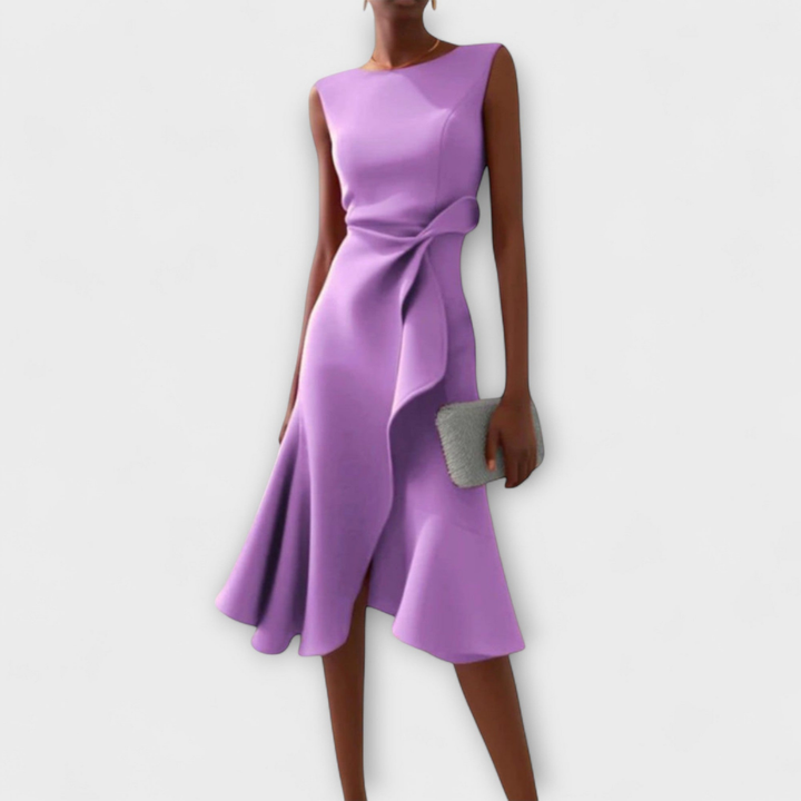Cassidy | Stretch Sleeveless Draped Knot Ruffle Midi Dress