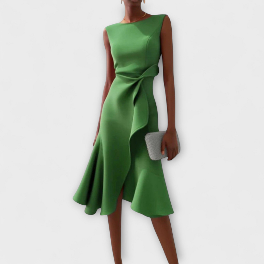 Cassidy | Stretch Sleeveless Draped Knot Ruffle Midi Dress