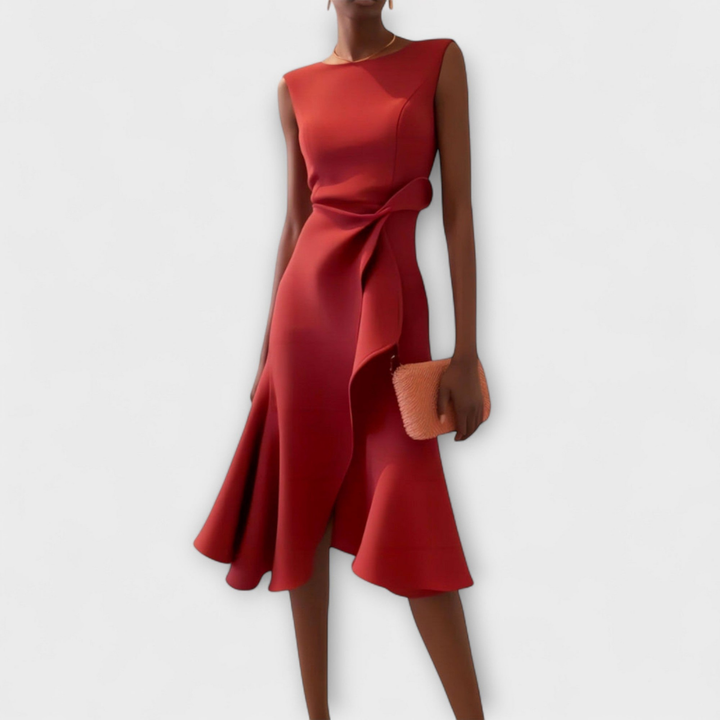 Cassidy | Stretch Sleeveless Draped Knot Ruffle Midi Dress