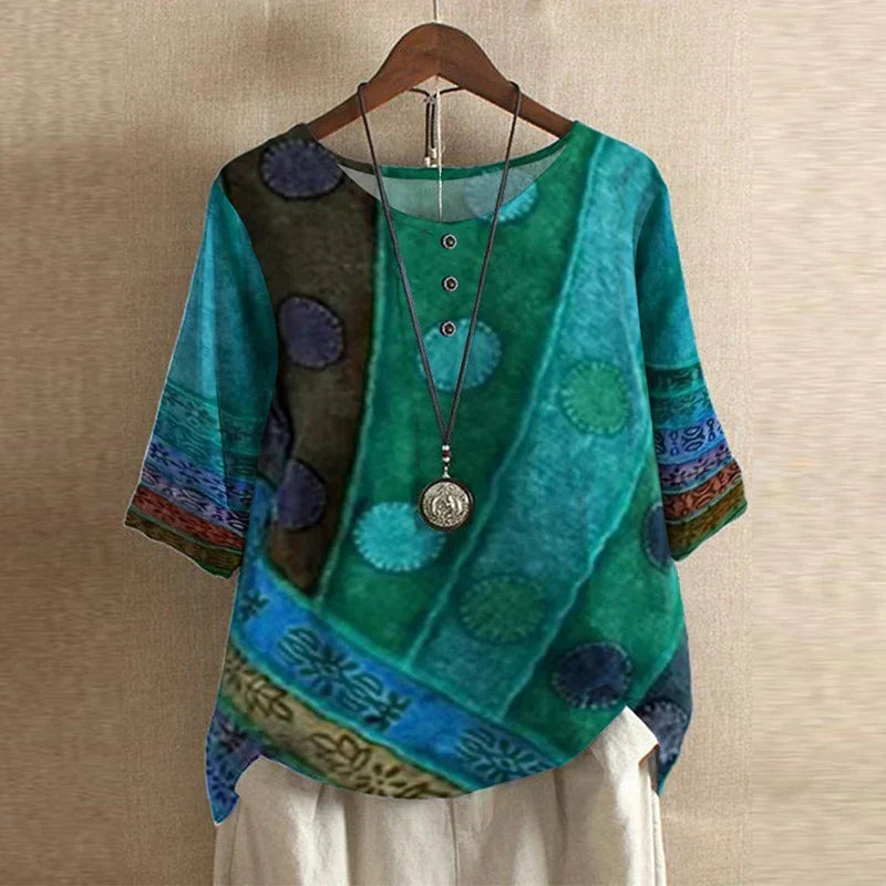 Effortless Patchwork Print Blouse for Women with Round Neck Elbow Sleeve Relaxed Bohemian Style