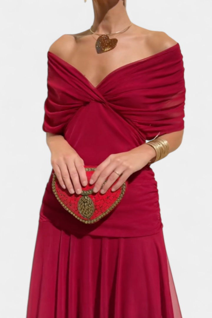 Audrey | Chiffon Off Shoulder Ruched Twist Front Midi Dress
