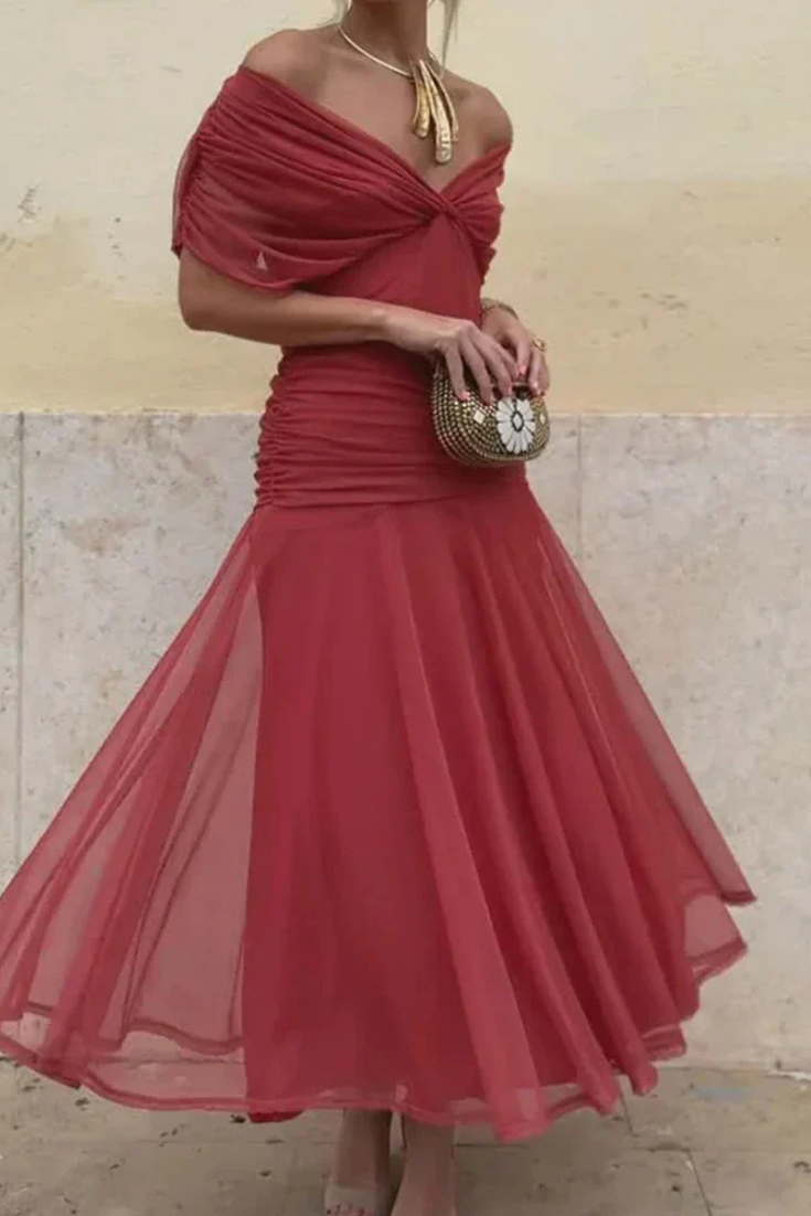 Audrey | Chiffon Off Shoulder Ruched Twist Front Midi Dress