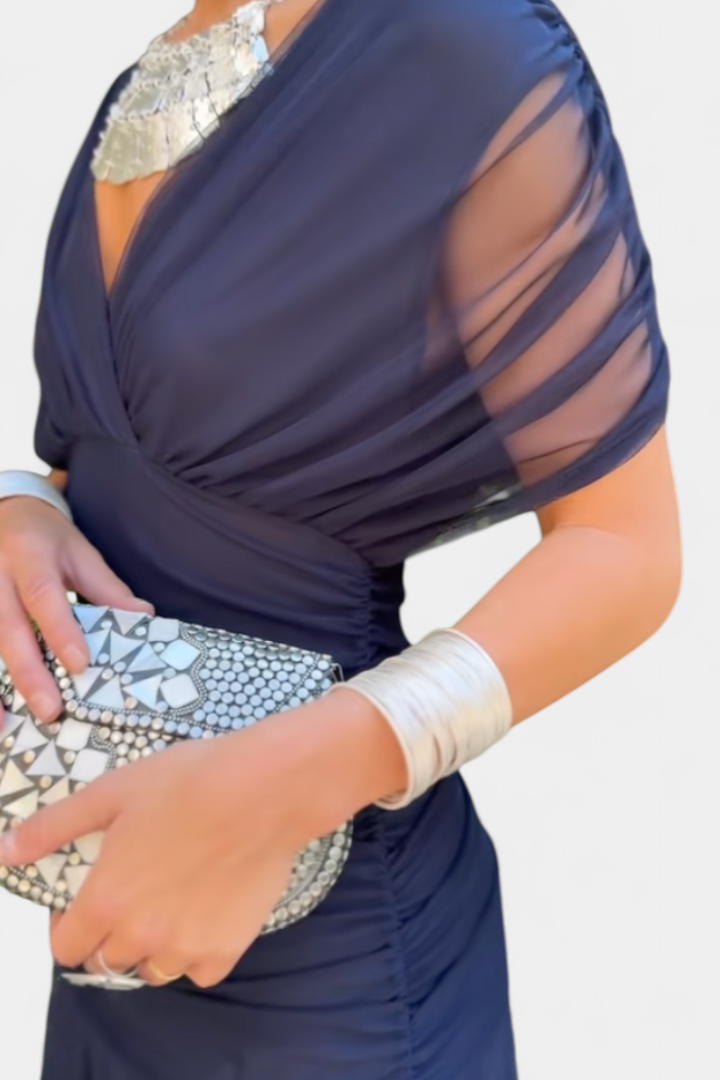 Audrey | Chiffon Off Shoulder Ruched Twist Front Midi Dress