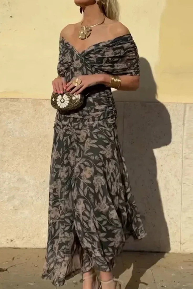 Audrey | Chiffon Off Shoulder Ruched Twist Front Midi Dress