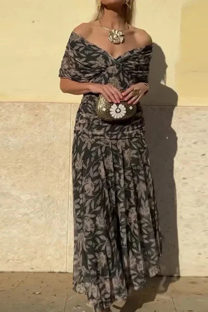 Audrey | Chiffon Off Shoulder Ruched Twist Front Midi Dress