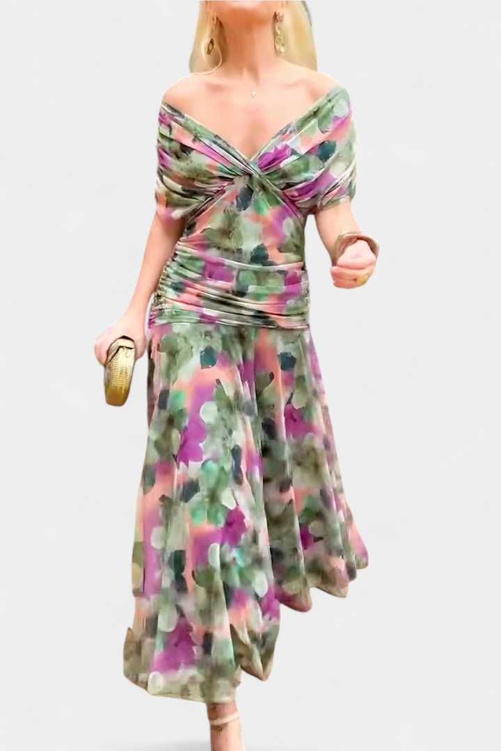 Audrey | Chiffon Off Shoulder Ruched Twist Front Midi Dress