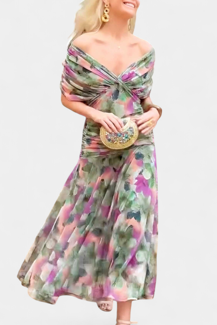 Audrey | Chiffon Off Shoulder Ruched Twist Front Midi Dress