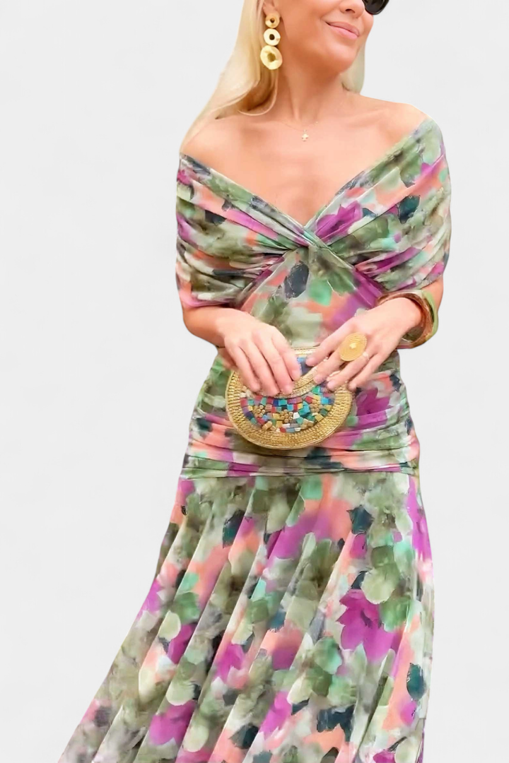 Audrey | Chiffon Off Shoulder Ruched Twist Front Midi Dress