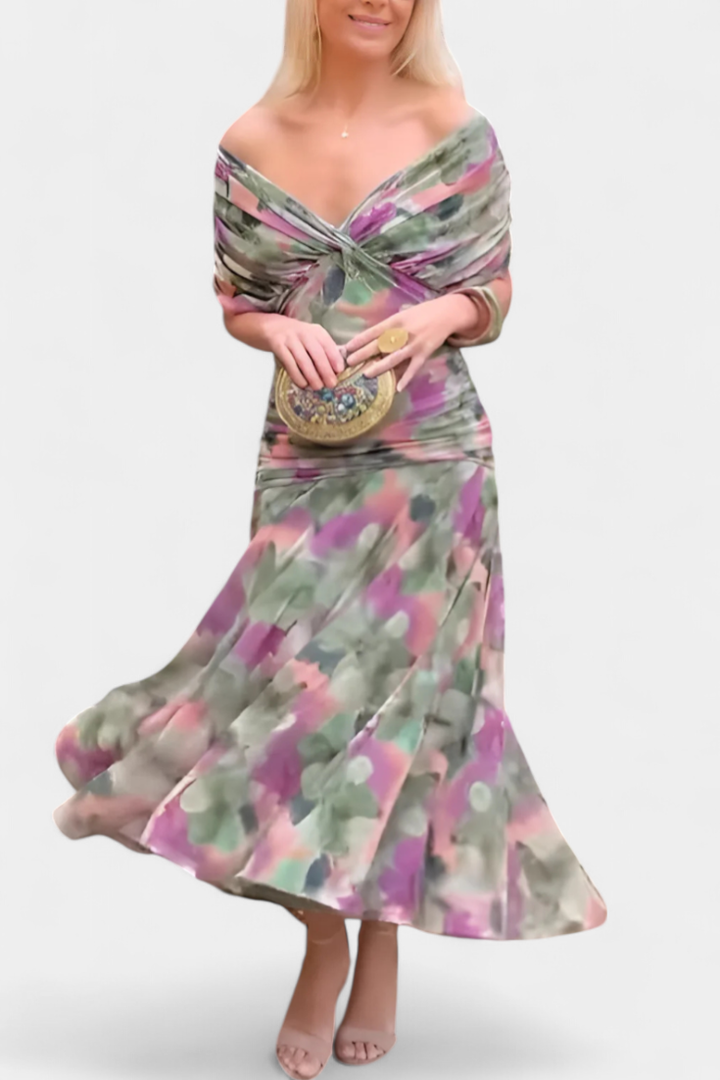 Audrey | Chiffon Off Shoulder Ruched Twist Front Midi Dress