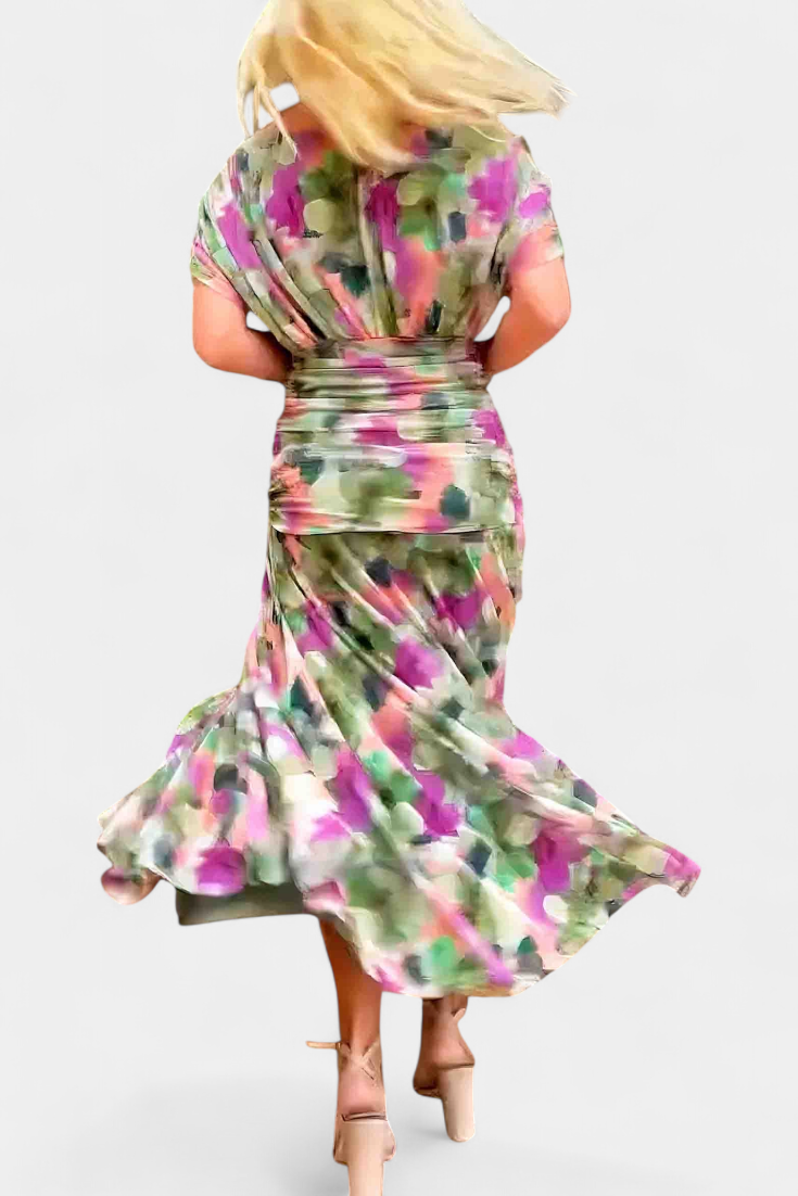 Audrey | Chiffon Off Shoulder Ruched Twist Front Midi Dress