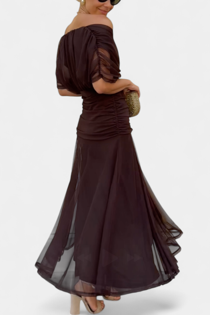 Audrey | Chiffon Off Shoulder Ruched Twist Front Midi Dress