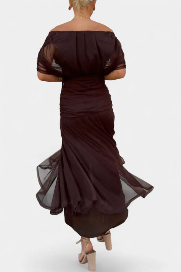 Audrey | Chiffon Off Shoulder Ruched Twist Front Midi Dress