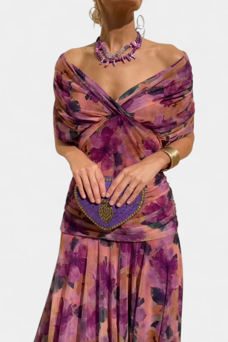 Audrey | Chiffon Off Shoulder Ruched Twist Front Midi Dress