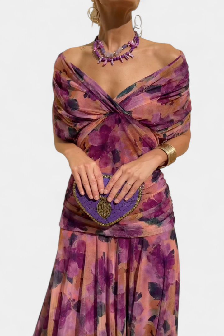 Audrey | Chiffon Off Shoulder Ruched Twist Front Midi Dress
