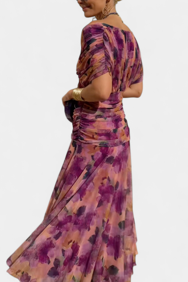Audrey | Chiffon Off Shoulder Ruched Twist Front Midi Dress