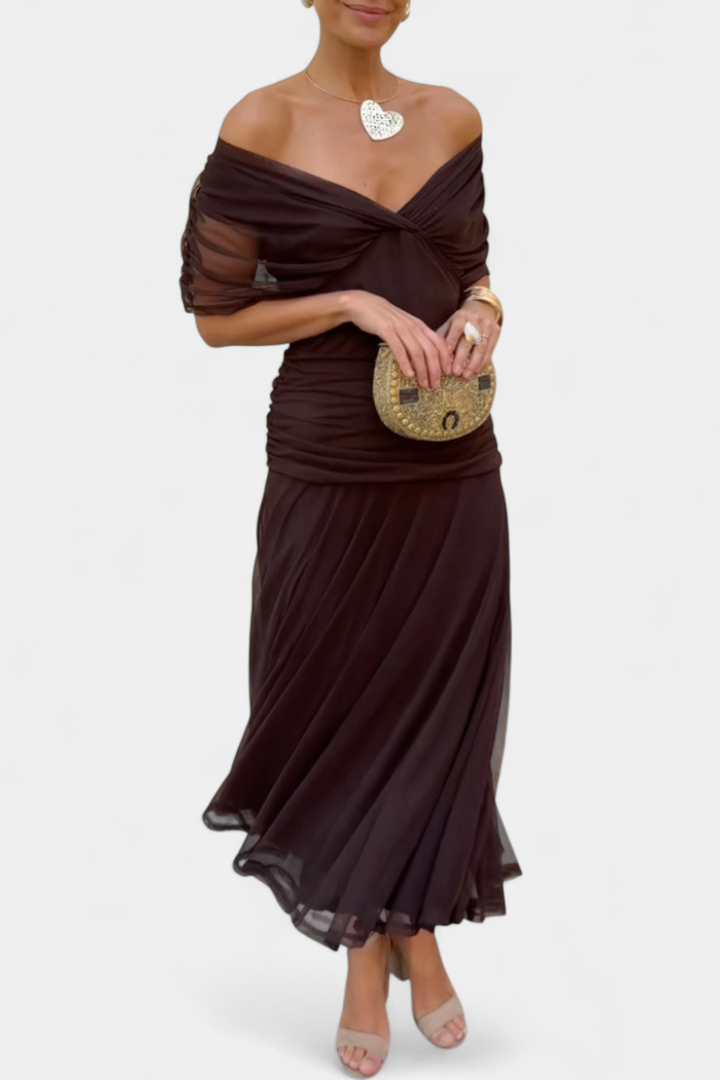 Audrey | Chiffon Off Shoulder Ruched Twist Front Midi Dress