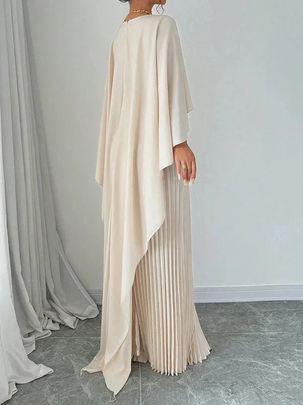 Fiona | Satin Cape Sleeve Pleated Maxi Dress