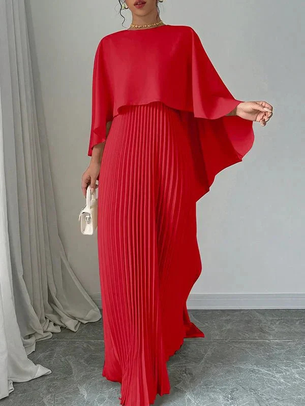 Fiona | Satin Cape Sleeve Pleated Maxi Dress