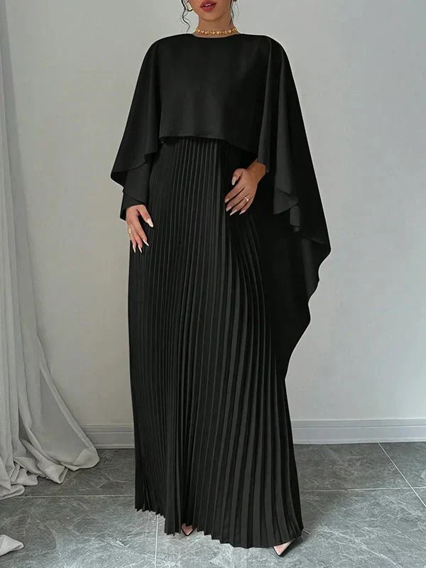 Fiona | Satin Cape Sleeve Pleated Maxi Dress