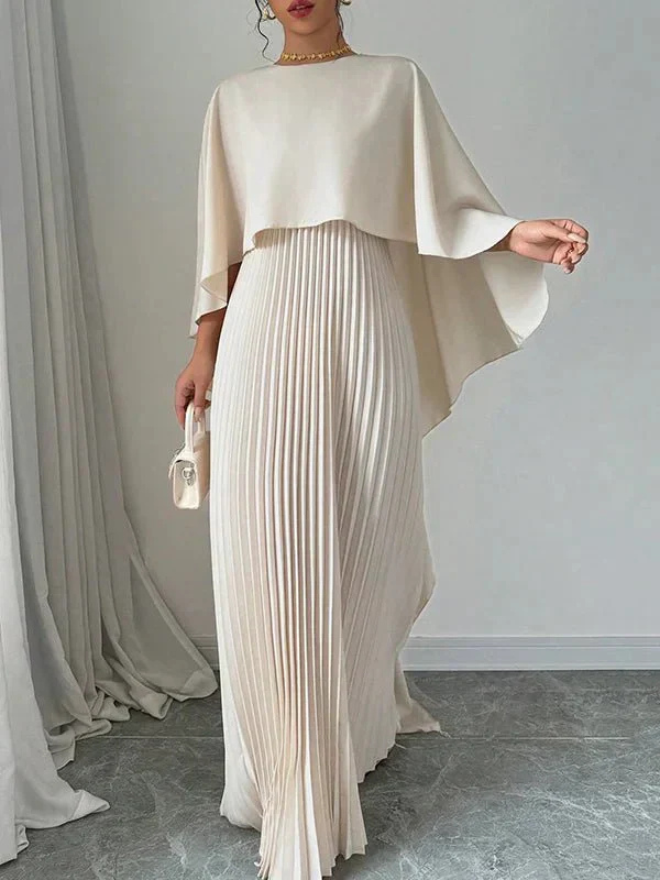 Fiona | Satin Cape Sleeve Pleated Maxi Dress