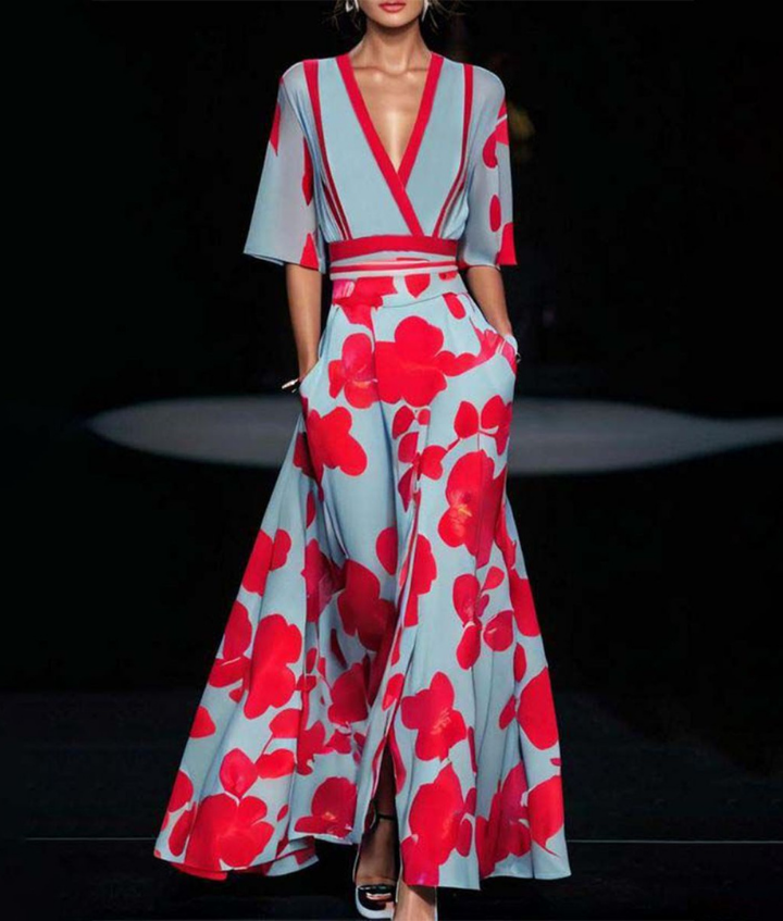 Autumn | Chiffon Floral Wrap V Neck Flutter Sleeve Maxi Dress