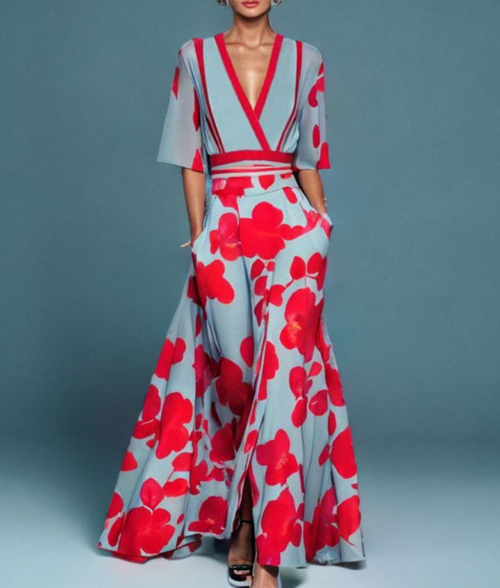 Autumn | Chiffon Floral Wrap V Neck Flutter Sleeve Maxi Dress
