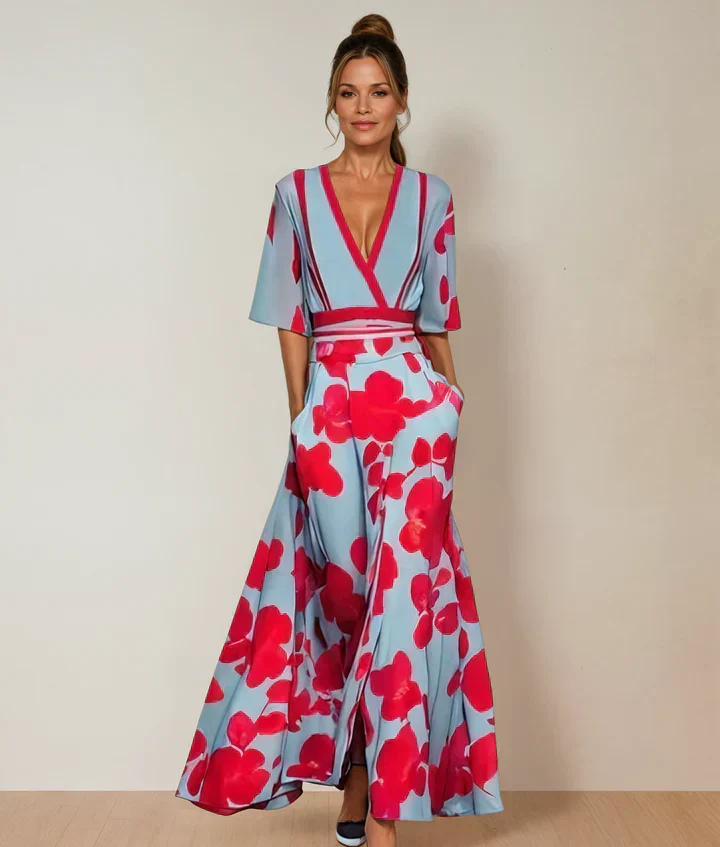 Autumn | Chiffon Floral Wrap V Neck Flutter Sleeve Maxi Dress