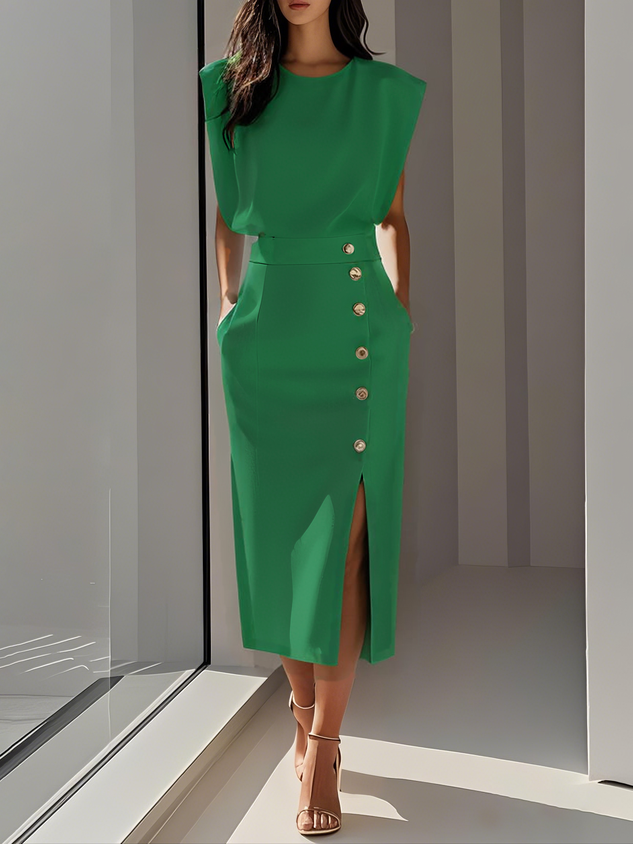 Chloe | Stretch Sleeveless Gold Button Front Slit Midi Dress