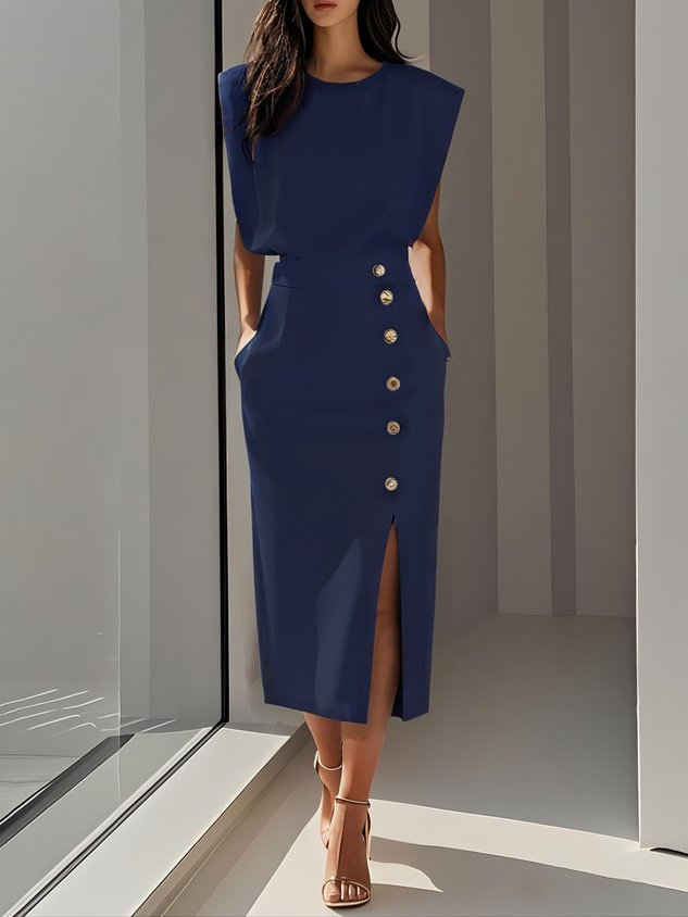 Chloe | Stretch Sleeveless Gold Button Front Slit Midi Dress