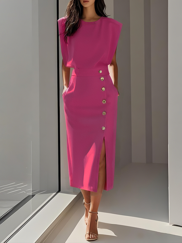 Chloe | Stretch Sleeveless Gold Button Front Slit Midi Dress