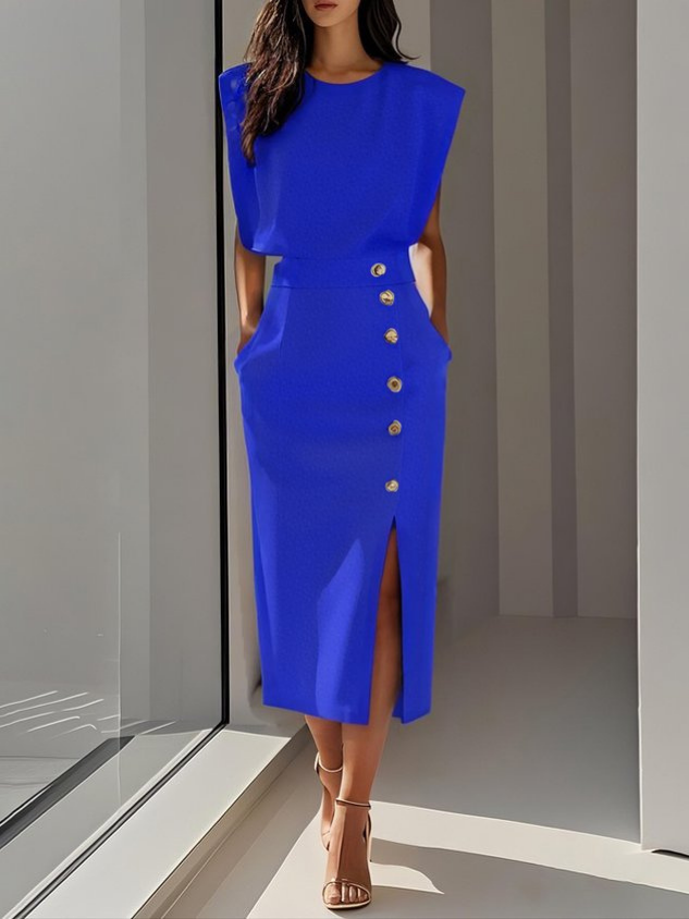 Chloe | Stretch Sleeveless Gold Button Front Slit Midi Dress