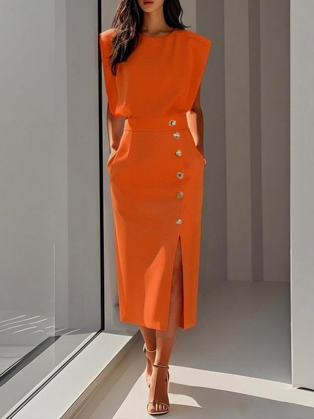 Chloe | Stretch Sleeveless Gold Button Front Slit Midi Dress
