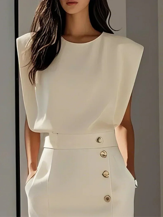 Chloe | Stretch Sleeveless Gold Button Front Slit Midi Dress