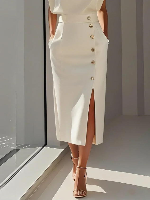Chloe | Stretch Sleeveless Gold Button Front Slit Midi Dress