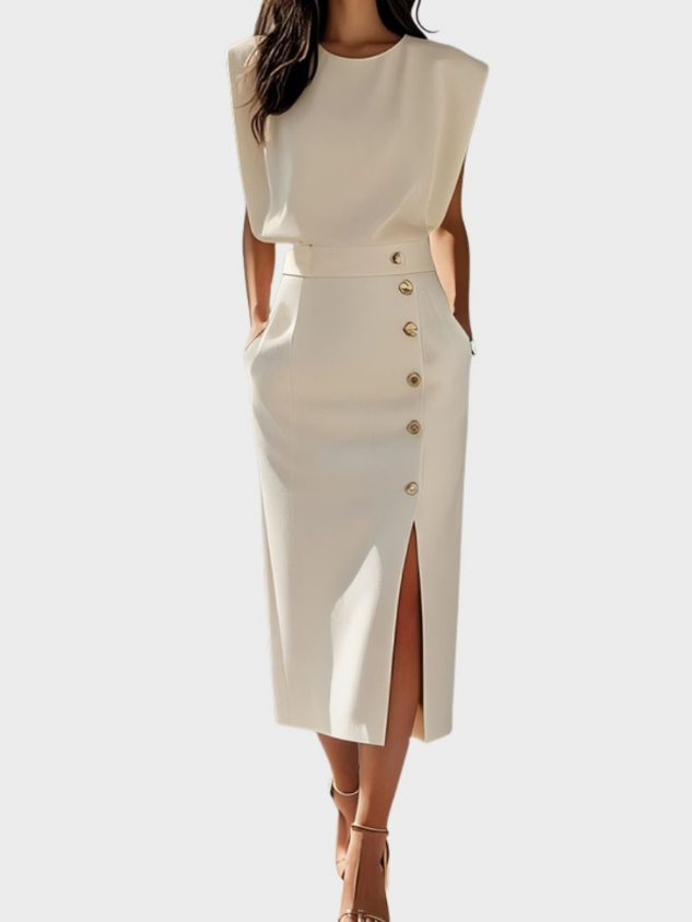 Chloe | Stretch Sleeveless Gold Button Front Slit Midi Dress