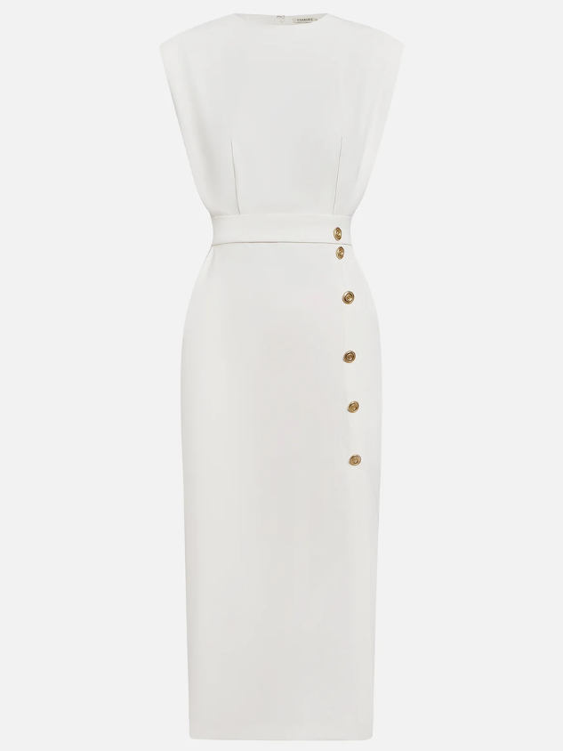 Chloe | Stretch Sleeveless Gold Button Front Slit Midi Dress