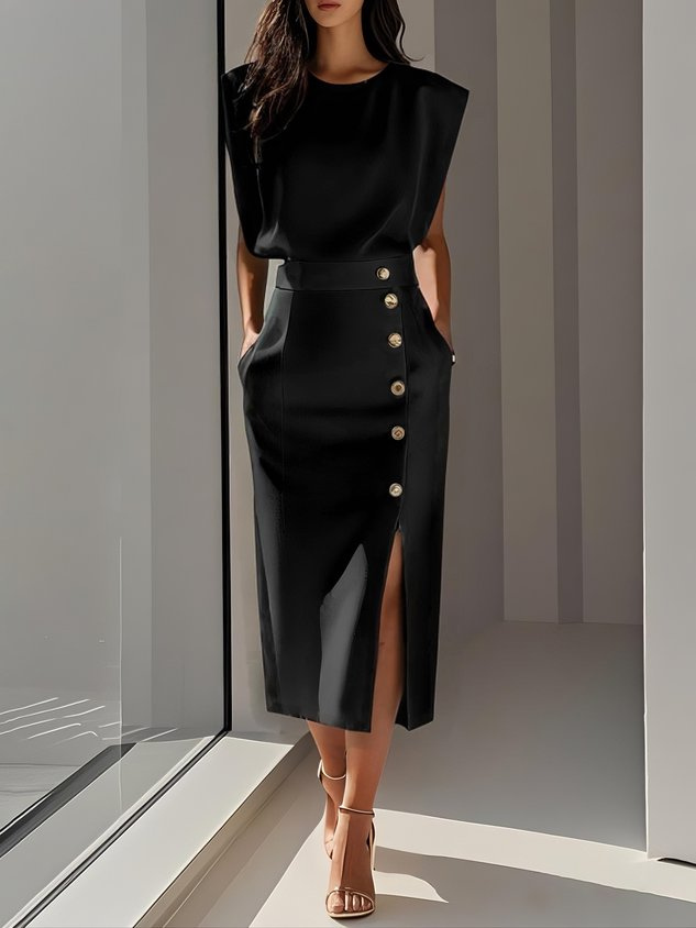 Chloe | Stretch Sleeveless Gold Button Front Slit Midi Dress
