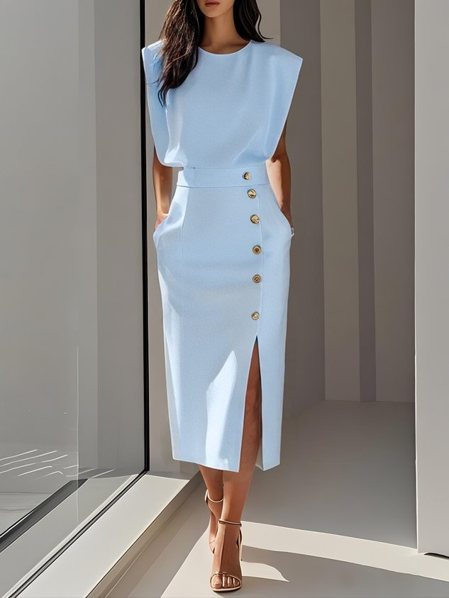 Chloe | Stretch Sleeveless Gold Button Front Slit Midi Dress
