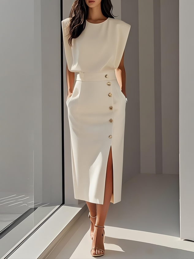 Chloe | Stretch Sleeveless Gold Button Front Slit Midi Dress