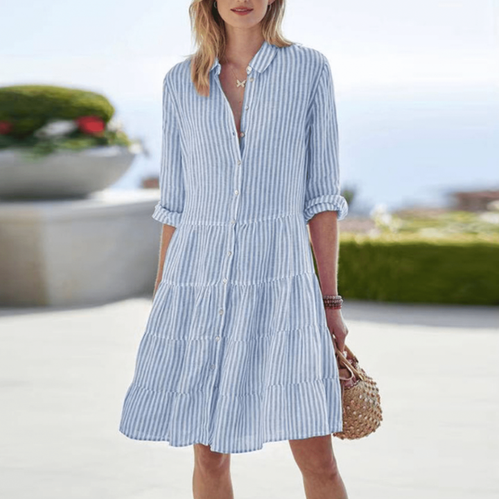 Riley | Linen Striped Collared Tiered Button Down Shirt Dress