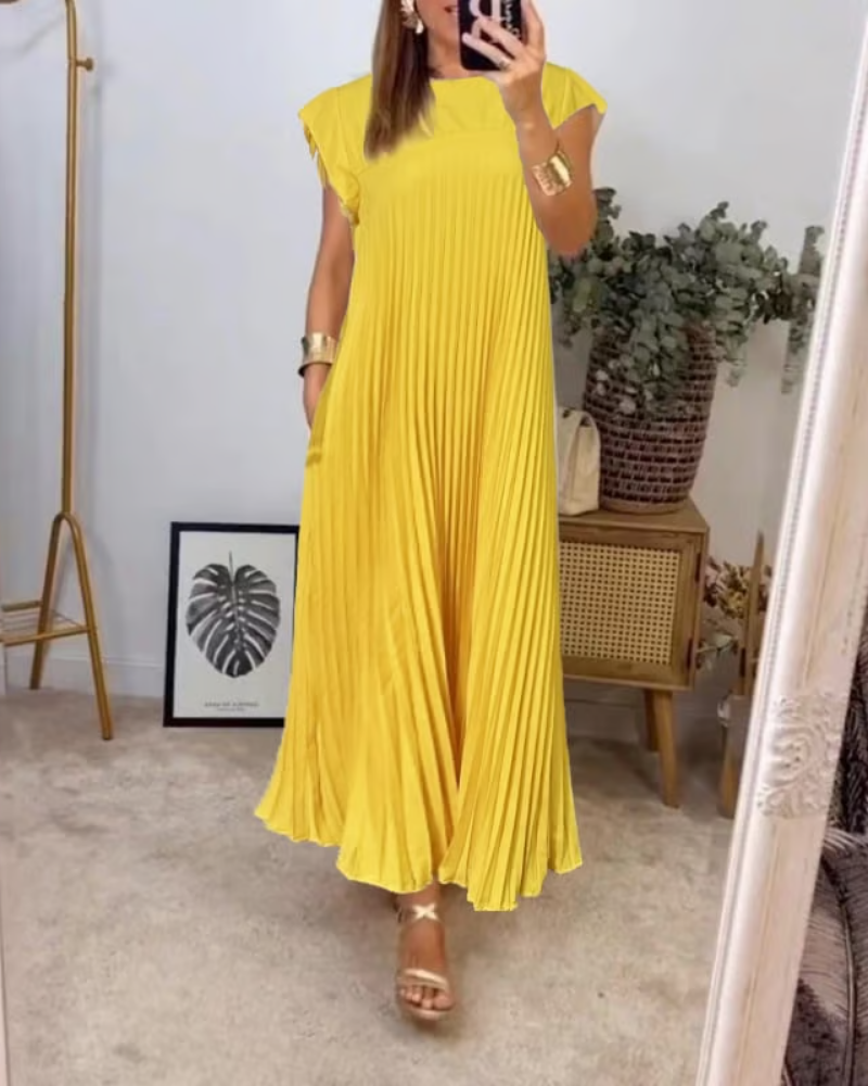 Effortless Pleated Maxi Dress for Women with Sleeveless Round Neck Flowy Relaxed Casual Style