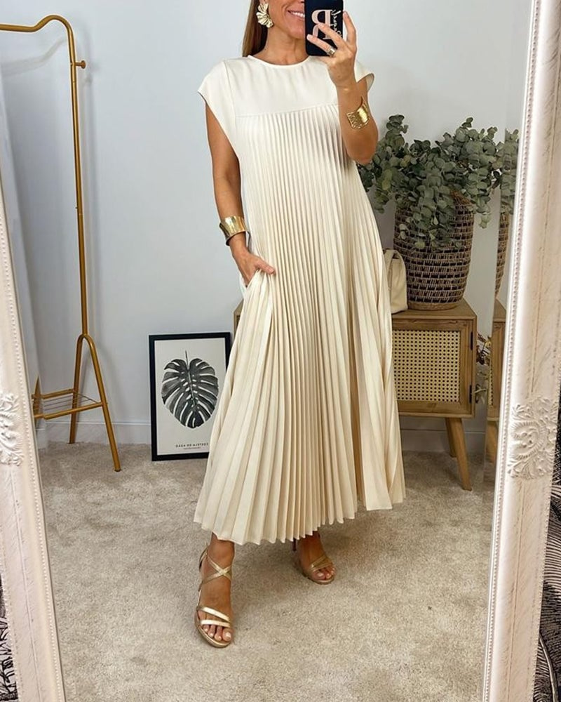 Effortless Pleated Maxi Dress for Women with Sleeveless Round Neck Flowy Relaxed Casual Style