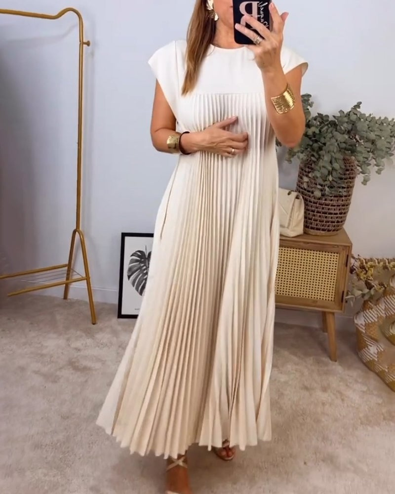 Effortless Pleated Maxi Dress for Women with Sleeveless Round Neck Flowy Relaxed Casual Style