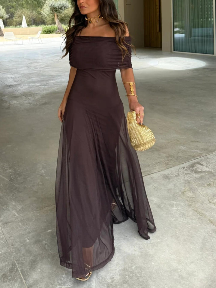 Elegant Brown Off The Shoulder Maxi Cocktail Dress for Women with Chiffon Flowing Skirt Fitted Bodice