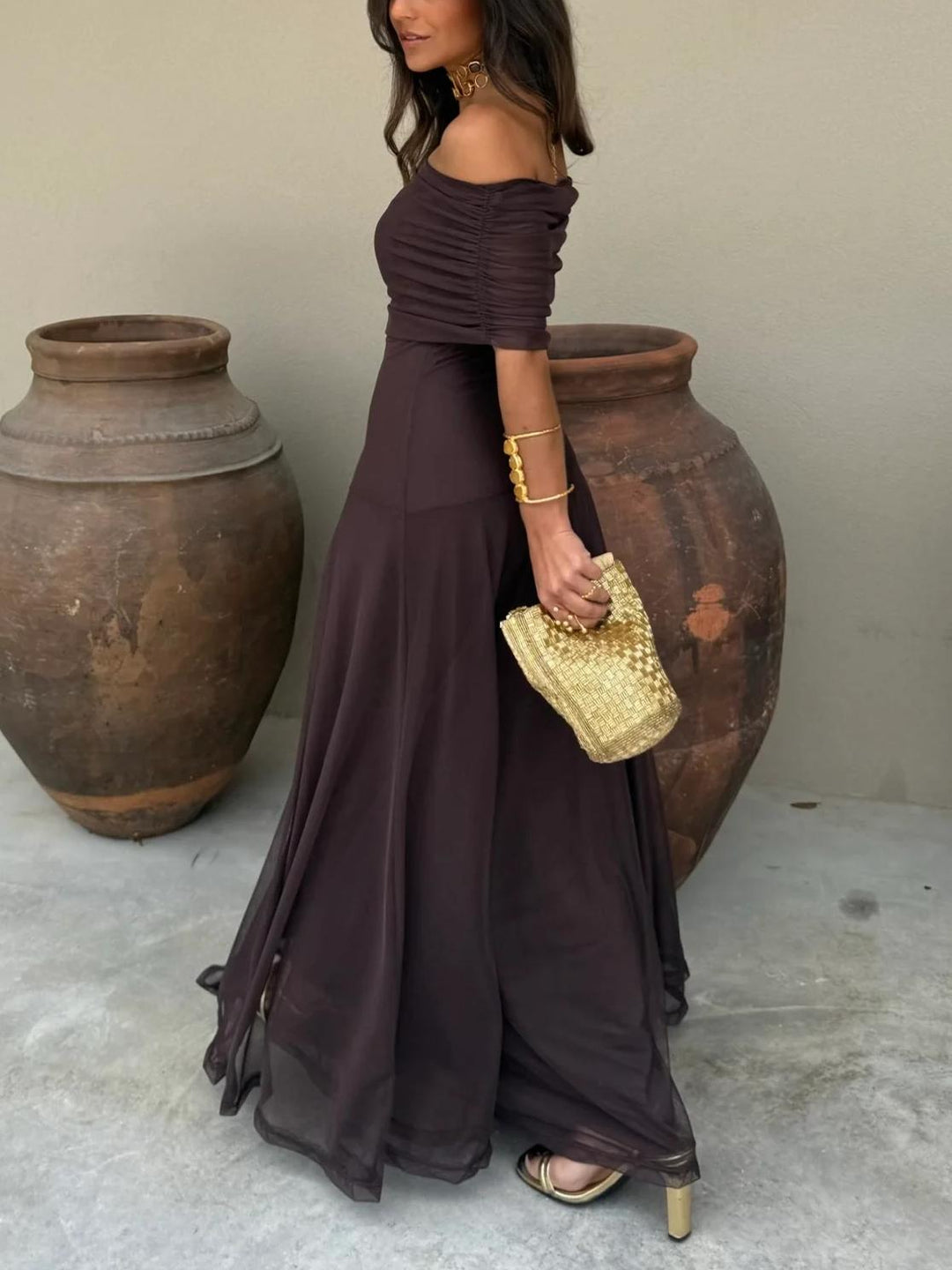 Elegant Brown Off The Shoulder Maxi Cocktail Dress for Women with Chiffon Flowing Skirt Fitted Bodice