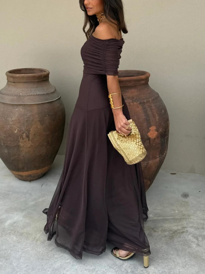 Elegant Brown Off The Shoulder Maxi Cocktail Dress for Women with Chiffon Flowing Skirt Fitted Bodice