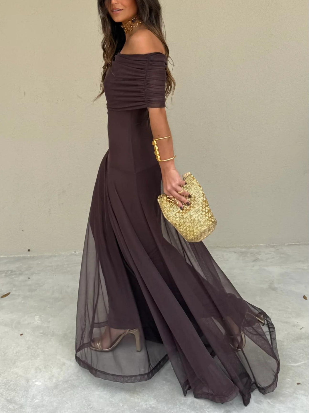 Elegant Brown Off The Shoulder Maxi Cocktail Dress for Women with Chiffon Flowing Skirt Fitted Bodice