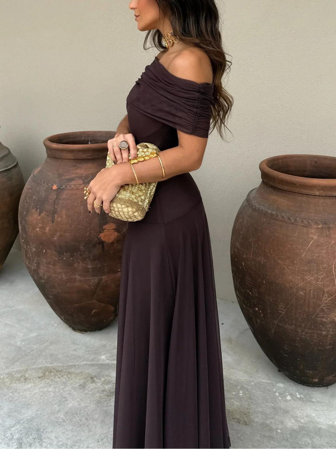 Elegant Brown Off The Shoulder Maxi Cocktail Dress for Women with Chiffon Flowing Skirt Fitted Bodice