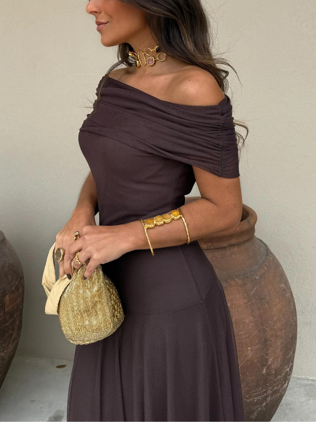 Elegant Brown Off The Shoulder Maxi Cocktail Dress for Women with Chiffon Flowing Skirt Fitted Bodice